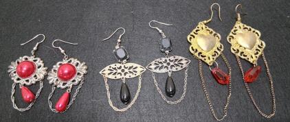 Vintage Filigree Dangle Earrings with Black Glass Stones, Silver-Tone Metal and More