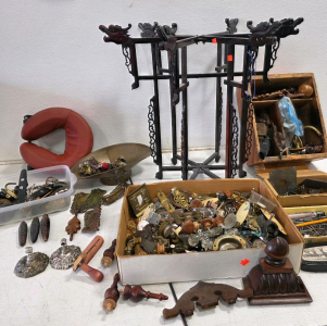 Mixed Antique and Vintage Furniture Hardware Lot &ndash; Brass, Wood, Glass, Ornate Pulls, Carved Stand