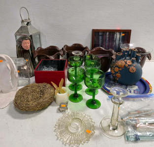 Vintage Mid-Century Glassware & Ceramics Lot&mdash;Green Goblets, Wavy Brown Bowls, Blue Vase, Decor