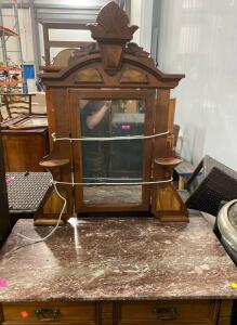 Antique Wooden Vanity Dresser with Mirror, 4 Drawers, 1 Cabinet, Ornate Brass Hardware