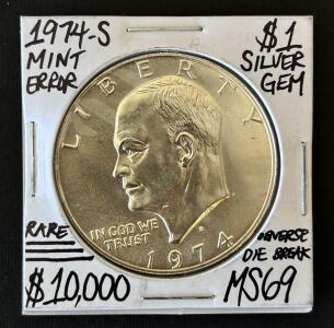 1974-S Eisenhower Silver Dollar, Mint Error, Obverse Die Break, MS69, 40% Silver, San Francisco