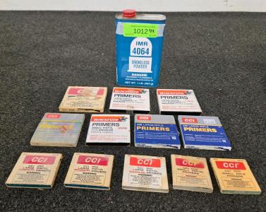 Variety Of CCI And Winchester Primers Plus IMR 4064 Smokeless Powder 1 lb Can (Partial), And Reloading Supplies