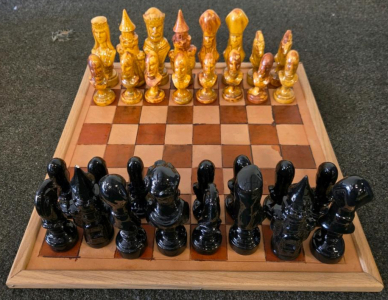 Hand-Painted Medieval Ceramic Chess Set With Wooden Board, 4.5" King, 16" Board