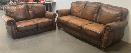 Traditional Brown Leather Sofa And Loveseat Set With Rolled Arms And Nailhead Trim