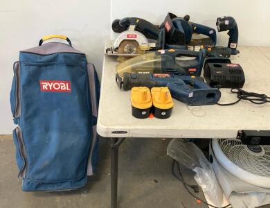 Ryobi 18V Cordless Power Tool Kit: Drill, Saws, Chainsaw, Vac, Flashlight, 2 Batteries, Bag