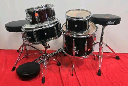 5-Piece Acoustic Drum Set Black Finish With Pearl Pedal And 2 Drum Thrones&mdash;No Cymbals