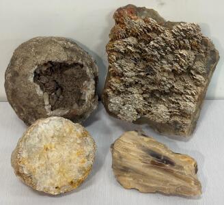 Large Natural Geode and Mineral Specimen Collection: Calcite/Quartz Geodes, Aragonite Cluster, Petrified Wood