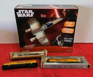 Star Wars Air Hogs X-Wing RC, AHM Chessie System HO Locomotive, TYCO HO Trailer Train Flatcar