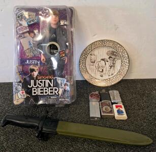 Justin Bieber Singing Doll 2010 NIB, US M7 Bayonet, Japanese Plate, Vintage Lighter Lot x6