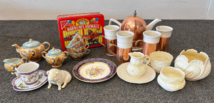 Assorted Vintage Porcelain & Ceramic Tableware: Salem Butterfly, Belleek, Japanese, Copper Coffee Set, Barnum&rsquo;s Tin
