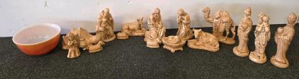 12-Piece Ivory Resin Nativity Figurine Set With Hand-Painted Details, Tallest Figure, Vintage Pyrex Bowl