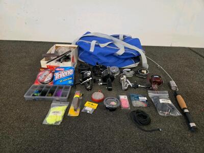 Fishing Gear Lot &ndash; Garcia Mitchell & Vintage Reels, Polecat Rod, Tackle, Line, Bag, Accessories