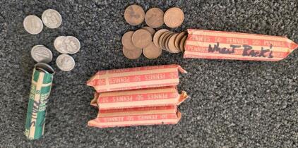 Mercury Dime 90% Silver Full Roll & 4 Wheat Penny Rolls USA Coins, Handwritten Markings, Circulated