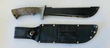 Ozark Trail 16" Survival Machete, Sawback Spine, Black Blade, Textured Grip, Nylon Sheath