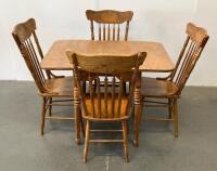 Solid Wood Rectangular Dining Table Set, 4 Spindle-Back Chairs, Carved Backrests