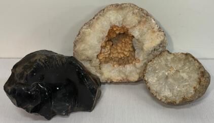 Large Natural Quartz Geodes With Tan Interior & Black Obsidian Volcanic Glass Specimen Set