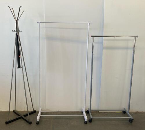 Rolling Garment Racks Adjustable Single Rail Silver & White + Metal Coat Rack, Set of 3