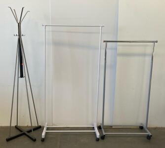 Rolling Garment Racks Adjustable Single Rail Silver & White + Metal Coat Rack, Set of 3