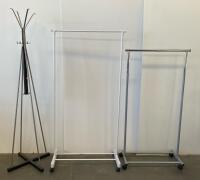 Rolling Garment Racks Adjustable Single Rail Silver & White + Metal Coat Rack, Set of 3