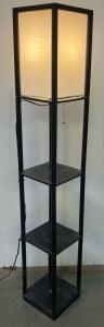 Black Shelf Floor Lamp with 3 Tiers, White Fabric Shade, Pull Chain,