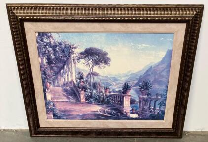 Large Framed Mediterranean Terrace Landscape Art Print, Ornate Gold Frame, Double Matted