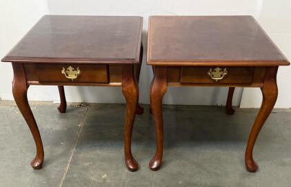 Pair Queen Anne Style Solid Wood End Tables, Single Drawer, Brass Pulls,