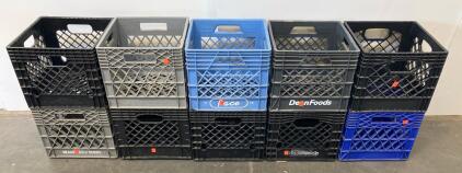 10 Plastic Dairy Milk Crates &ndash; Meadow Gold, Ace, Dean Foods &ndash; 13"x13"x11" Black/Grey/Blue