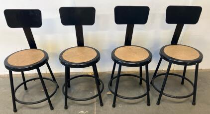 (4) Industrial Metal Bar Stools With Backs, Black Frame, Set Of 4