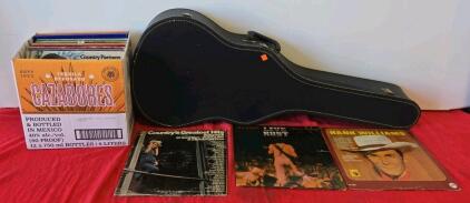 Vintage Acoustic Guitar Hard Case & 15+ Country-Rock LP Vinyl Records &mdash; Hank Williams, Neil Young, Loretta Lynn, Conway Twitty, And More