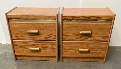 Pair Of Oak Wood 2-Drawer Nightstands, Brass Handles, 22"x16"x24", Made In Mexico, 2002