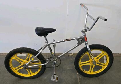 Vintage MadMax L300 BMX Bicycle With 20" Yellow Mag Wheels, High-Rise Handlebars, Raw Frame
