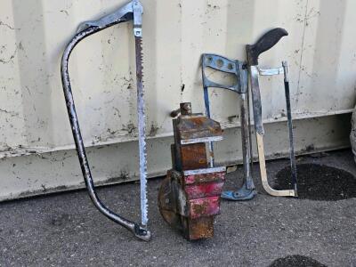 Vintage Bow Saw, Hacksaw, and Heavy-Duty Bench Vise &ndash; Steel Frame, 30" & 12" Blades, 4.5" Jaws