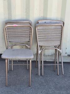 Set of 4 Stackable Upholstered Metal Chairs with Taupe Frames and Grey/Beige Fabric