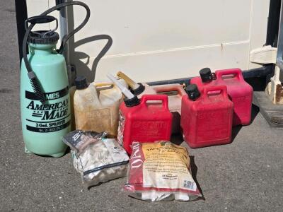 Assorted 3-Gal MES Sprayer & 5 Fuel Cans, Utility Bags, Flexible Spouts, Plastic, Serviceable