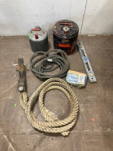 Blue Tote w/ Rope, (2) Gas Cans, Hose, Level & Hitch
