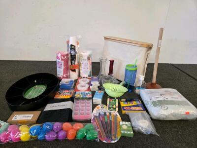 Assorted Home Goods Lot - King Bed Cover, Tools, Kitchenware, Party Supplies, Arts & Crafts, 20+ Items