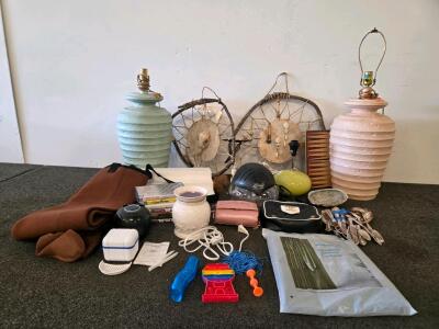Mixed Lot: Lamp Bases (Unable to test, no bulbs), Waders, Unique Home Decor, Shower Curtain, and More