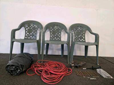 Milwaukee Slide Hammer, 15 Drill Bit Set, 50ft Extension Cord(Unable to test), 2" Hitch, 3 Patio Chairs, Air Mattress