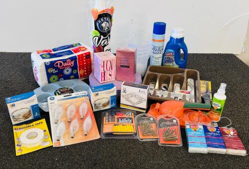 Assorted Household Supply Lot &ndash; Cleaning, Hardware, Kitchenware, Bulbs, Repellent, 50+ Pieces