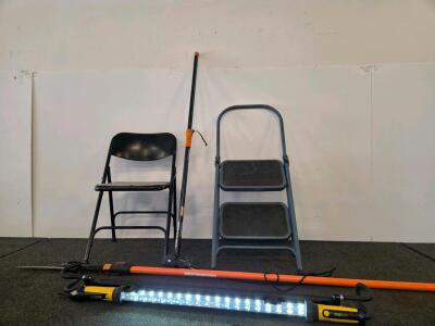 Assorted Utility Items: Folding Chair, 2-Step Ladder, Manual Pole Pruner, UtiliTech LED Work Light (Tested)