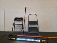 Assorted Utility Items: Folding Chair, 2-Step Ladder, Manual Pole Pruner, UtiliTech LED Work Light (Tested)