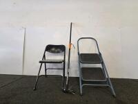 Assorted Utility Items: Folding Chair, 2-Step Ladder, Manual Pole Pruner, UtiliTech LED Work Light (Tested) - 2