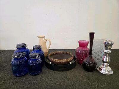 10+ -Piece Mixed Glassware Lot &ndash; Blue Clamp Jars, Vases, Ceramic Pitcher, Trays, Candle Holder