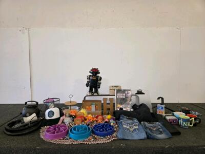 Mixed Lot: Window Alarms, Pet Bowls, Home Decor, Toys, Clothes, Coffee Mugs, Clothes Hangers, & More