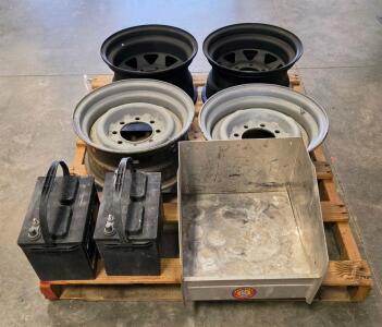 4 Steel 8-Lug Wheels, 2 Les Schwab RV Deep Cycle Batteries, Pit Pal Dual Battery Box