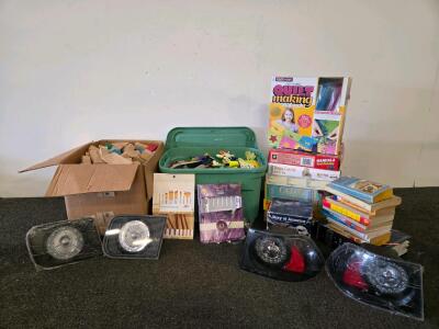 Mixed Lot: Board Games, Ford Mustang 1999-2004 Aftermarket LED Halo Taillights & Fog Lights Set, Chrome Accents, Tote of Legos, Wood Blocks, & Books