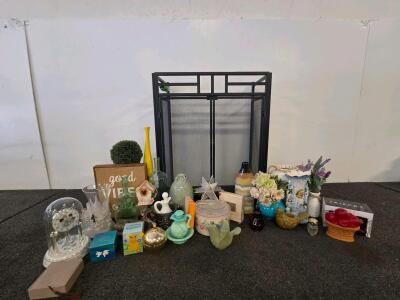 Mixed Lot: Black Metal Fireplace Screen + 25+ Collectible Home Decor, Avon Bottles, Glassware, Ceramics