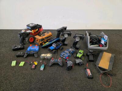 RC Vehicle Lot: Hot Wheels Monster Truck, Traxxas Battery, Controllers, Chargers, Accessories (Unable to test)
