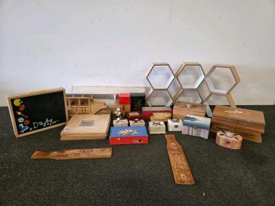 Large Eclectic Lot: Vintage & Novelty Wood Boxes, Decor, Paddles, Chalkboard, Hex Shelves