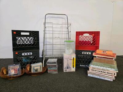 Large Household Lot: Cookbooks, Portfolio Pendant Light, Rolling Cart, Crates, CDs & More